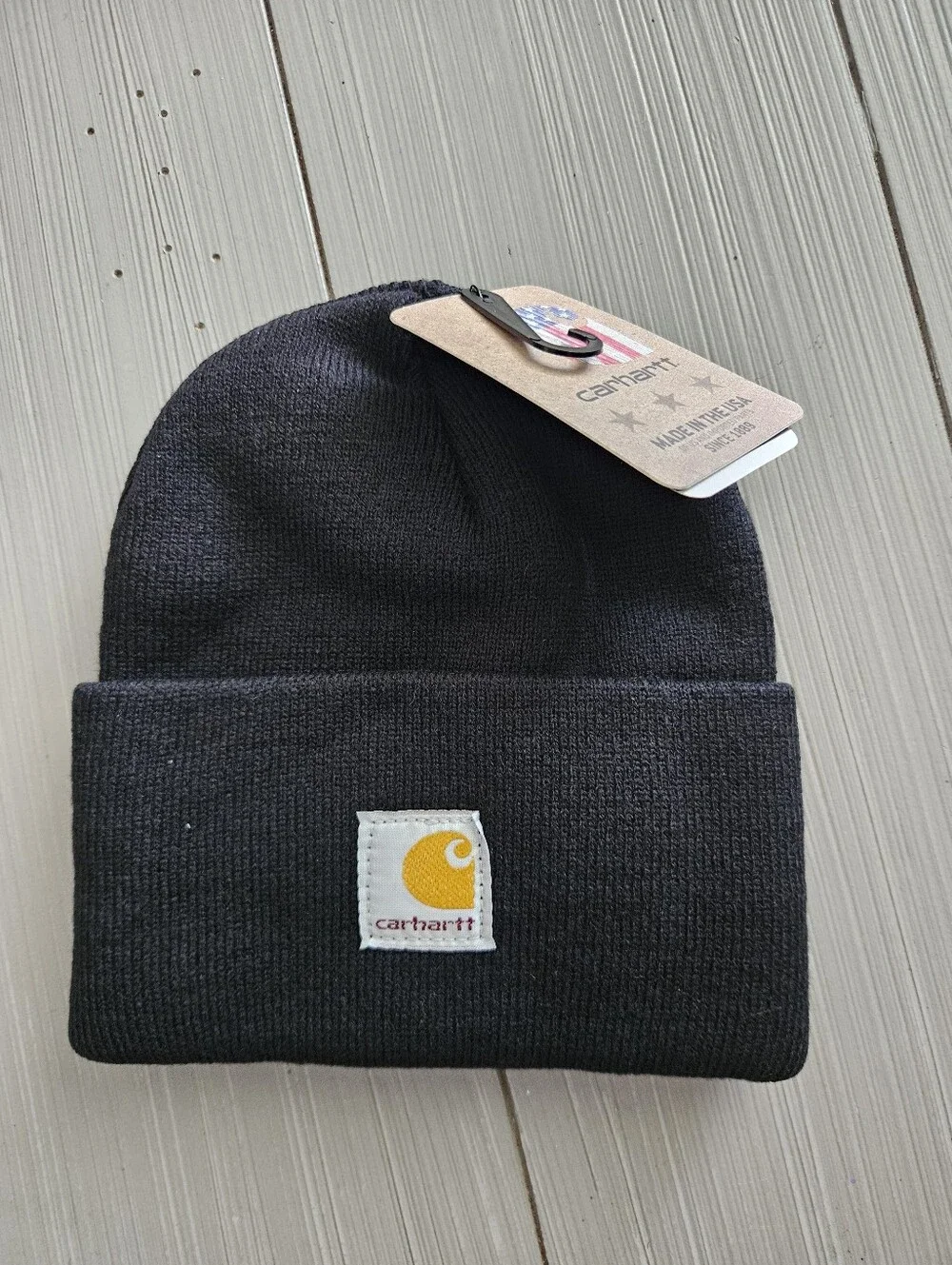 Carhartt NWT Youth Black Cuffed Beanie with Yellow Logo Patch Winter Outdoors